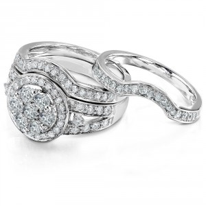 Gold 1 1/5ct TDW Diamond Halo 3-Piece Bridal Rings Set - Handcrafted By Name My Rings™