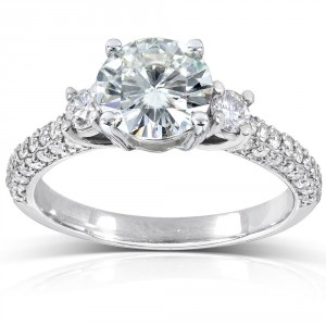 Gold 1 2/5ct TGW Round-cut Moissanite and Diamond Three Stone Pave Engagement Ring - Handcrafted By Name My Rings™