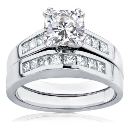 Gold 1 3/4ct TCW Cushion-cut Moissanite and Diamond Bridal Ring Set - Handcrafted By Name My Rings™
