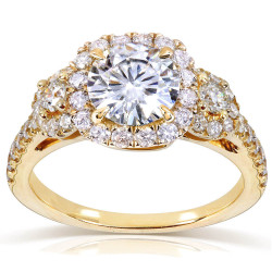 Gold 1 3/4ct TGW Moissanite and Diamond Three Stone Halo Engagement Ring - Handcrafted By Name My Rings™