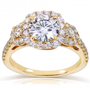 Gold 1 3/4ct TGW Moissanite and Diamond Three Stone Halo Engagement Ring - Handcrafted By Name My Rings™