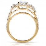 Gold 1 7/8ct TGW Cushion-cut Moissanite and Diamond 3-Stone Halo Engagement Ring - Handcrafted By Name My Rings™