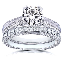 Gold 1ct Round Forever Brilliant Moissanite and 1/3ct TDW Diamond Cathedral Bridal Set - Handcrafted By Name My Rings™