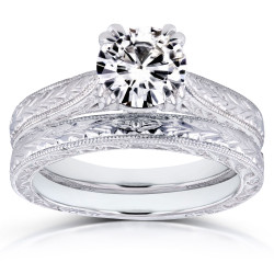 Gold 1ct Round Forever Brilliant Moissanite and Diamond Accent Cathedral Bridal Set - Handcrafted By Name My Rings™