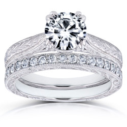 Gold 1ct Round Forever One Moissanite and 1/3ct TDW Diamond Cathedral Bridal Set - Handcrafted By Name My Rings™