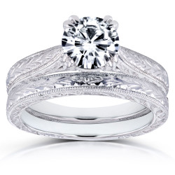 Gold 1ct Round Forever One Moissanite and Diamond Accent Cathedral Bridal Set - Handcrafted By Name My Rings™