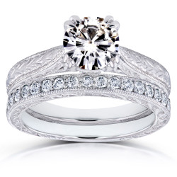 Gold 1ct Round Moissanite and 1/3ct TDW Diamond Cathedral Bridal Set - Handcrafted By Name My Rings™