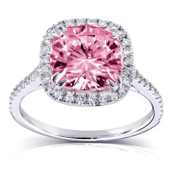 Gold 3ct TGW Pink Cushion-cut Moissanite and Diamond Halo Engagement Ring - Handcrafted By Name My Rings™