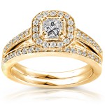 Gold 5/8ct TDW Princess Diamond Halo Bridal Ring Set - Handcrafted By Name My Rings™