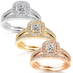 Gold 5/8ct TDW Princess Diamond Halo Bridal Ring Set - Handcrafted By Name My Rings™