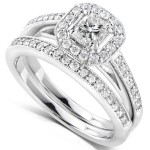 Gold 5/8ct TDW Princess Diamond Halo Bridal Ring Set - Handcrafted By Name My Rings™