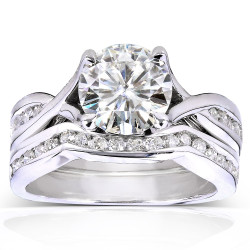 Gold Moissanite and 1/2ct TDW Channel Diamond Bridal Rings Set  - Handcrafted By Name My Rings™