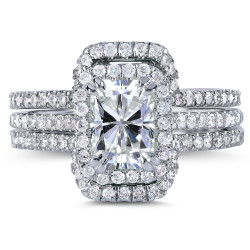 Gold Radiant Forever Brilliant Moissanite Center and 5/8ct TDW Halo Round Dia - Handcrafted By Name My Rings™