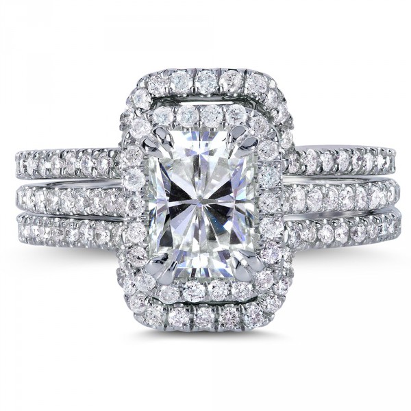 Gold Radiant Forever Brilliant Moissanite Center and 5/8ct TDW Halo Round Dia - Handcrafted By Name My Rings™
