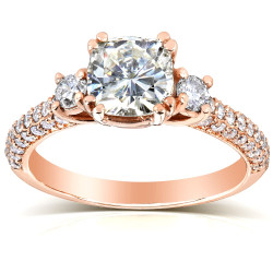 Rose Gold 1 1/2ct TGW Forever One DEF Cushion Moissanite and Diamond 3 Stone Micro Pave Engagement Ring - Handcrafted By Name My Rings™