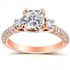Rose Gold 1 1/2ct TGW Forever One DEF Cushion Moissanite and Diamond 3 Stone Micro Pave Engagement Ring - Handcrafted By Name My Rings™