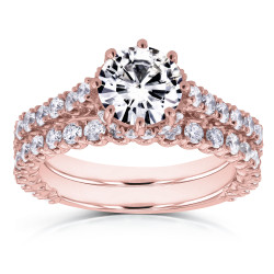 Rose Gold 2 1/10ct TCW Forever Brilliant Moissanite and Diamond 8-Prong Standing Halo Bridal Set - Handcrafted By Name My Rings™