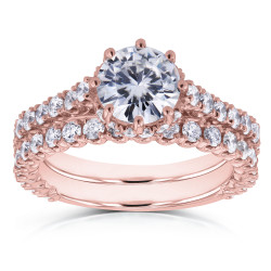 Rose Gold 2 1/10ct TCW Round Moissanite and Diamond 8-Prong Standing Halo Bridal Rings - Handcrafted By Name My Rings™
