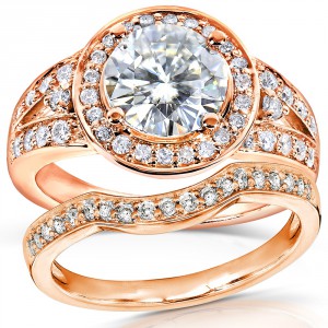 Rose Gold 2ct TGW Forever Brilliant Moissanite and Diamond Halo Bridal Set - Handcrafted By Name My Rings™