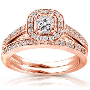 Rose Gold 5/8ct TDW Princess Diamond Halo Bridal Set - Handcrafted By Name My Rings™