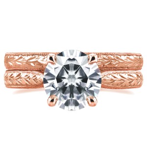 Rose Gold Forever Brilliant 1 1/2ct TGW Moissanite and Diamond Antique Cathedral Bridal Rings Set - Handcrafted By Name My Rings™