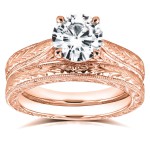 Rose Gold Forever One 1 1/2ct TGW Moissanite and Diamond Antique Cathedral Bridal Rings Set - Handcrafted By Name My Rings™