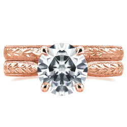 Rose Gold Forever One 1 1/2ct TGW Moissanite and Diamond Antique Cathedral Bridal Rings Set - Handcrafted By Name My Rings™