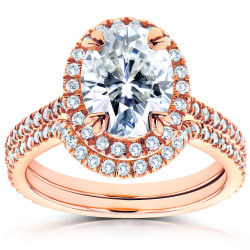 Rose Gold Oval Moissanite and 1/2ct TDW Diamond Halo 2-Piece Bridal Rings Set - Handcrafted By Name My Rings™