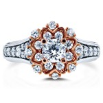 Two Tone Gold 1ct TDW Diamond Flower Engagement Ring - Handcrafted By Name My Rings™