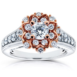 Two Tone Gold 1ct TDW Diamond Flower Engagement Ring - Handcrafted By Name My Rings™