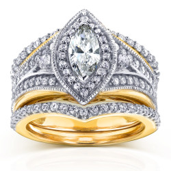 Two Tone Gold Marquise 1 1/3ct TDW Diamond Art Deco 3-Piece Chevron Bridal Se - Handcrafted By Name My Rings™