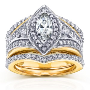 Two Tone Gold Marquise 1 1/3ct TDW Diamond Art Deco 3-Piece Chevron Bridal Se - Handcrafted By Name My Rings™