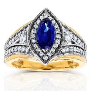 Two Tone Gold Marquise Blue Sapphire and 1/2ct TDW Diamond Art Deco Chevron R - Handcrafted By Name My Rings™
