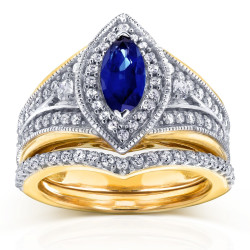 Two Tone Gold Marquise Blue Sapphire and 5/8ct TDW Diamond Art Deco Chevron B - Handcrafted By Name My Rings™