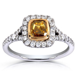 Two-tone Gold 1 2/5ct TDW Certified Cushion-cut Champagne Diamond Halo Ring - Handcrafted By Name My Rings™