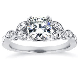 White Gold 1 1/10ct Cushion Forever Moissanite and 1/5ct TDW Diamond Floral A - Handcrafted By Name My Rings™