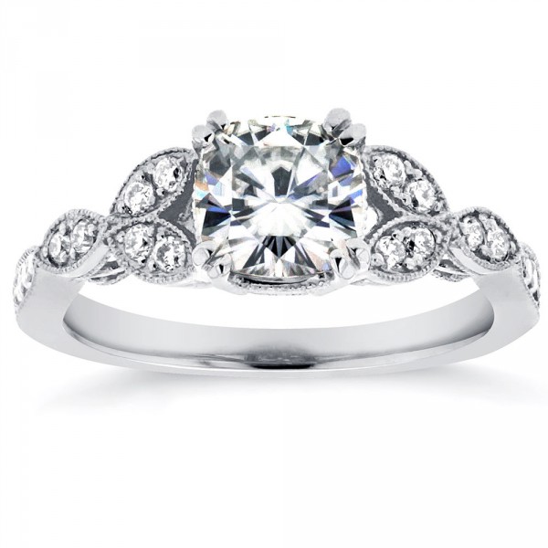 White Gold 1 1/10ct Cushion Forever Moissanite and 1/5ct TDW Diamond Floral A - Handcrafted By Name My Rings™
