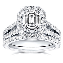 White Gold 1 1/2ct Emerald and Round Diamond Art Deco Halo Bridal Set - Handcrafted By Name My Rings™