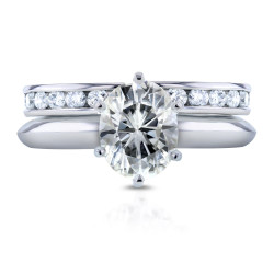 White Gold 1 1/2ct Oval Moissanite Solitaire and 1ct TDW Channel Diamond Band Bridal Set - Handcrafted By Name My Rings™