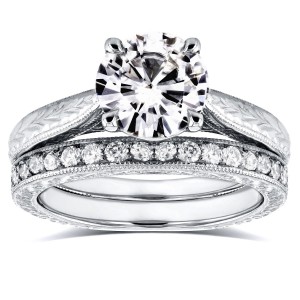 White Gold 1 1/2ct Round Moissanite and 1/3ct TDW Diamond Antique Cathedral Bridal Set - Handcrafted By Name My Rings™