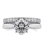 White Gold 1 1/2ct Round Moissanite and 1/3ct TDW Diamond Antique Cathedral Bridal Set - Handcrafted By Name My Rings™