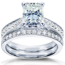 White Gold 1 1/2ct TCW Forever Brilliant Radiant Moissanite and Round Diamond Ring - Handcrafted By Name My Rings™
