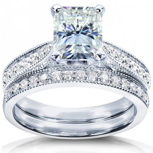 White Gold 1 1/2ct TCW Forever Brilliant Radiant Moissanite and Round Diamond Ring - Handcrafted By Name My Rings™