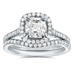 White Gold 1 1/2ct TDW Cushion-cut Halo Diamond Bridal Ring Set - Handcrafted By Name My Rings™