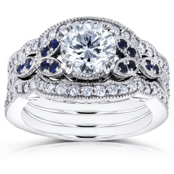 White Gold 1 1/2ct TDW Diamond and Blue Sapphire Vintage Floral 3-Piece Bridal Set - Handcrafted By Name My Rings™