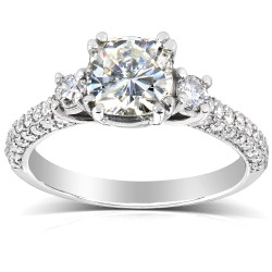 White Gold 1 1/2ct TGW Forever One DEF Cushion Moissanite and Diamond 3 Stone Micro Pave Engagement Ring - Handcrafted By Name My Rings™