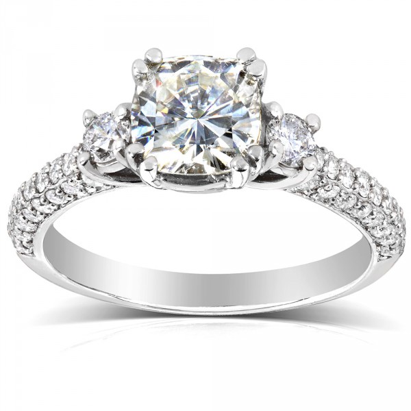 White Gold 1 1/2ct TGW Forever One DEF Cushion Moissanite and Diamond 3 Stone Micro Pave Engagement Ring - Handcrafted By Name My Rings™