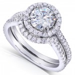 White Gold 1 1/2ct TGW Forever One DEF Moissanite and Diamond Round Halo Fitted Bridal Rings - Handcrafted By Name My Rings™