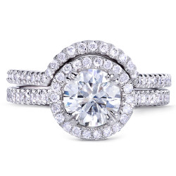 White Gold 1 1/2ct TGW Forever One DEF Moissanite and Diamond Round Halo Fitted Bridal Rings - Handcrafted By Name My Rings™