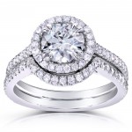 White Gold 1 1/2ct TGW Forever One DEF Moissanite and Diamond Round Halo Fitted Bridal Rings - Handcrafted By Name My Rings™